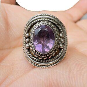Amethyst Faceted Oval Vintage Ring Sterling 925 Silver Size 8.5
